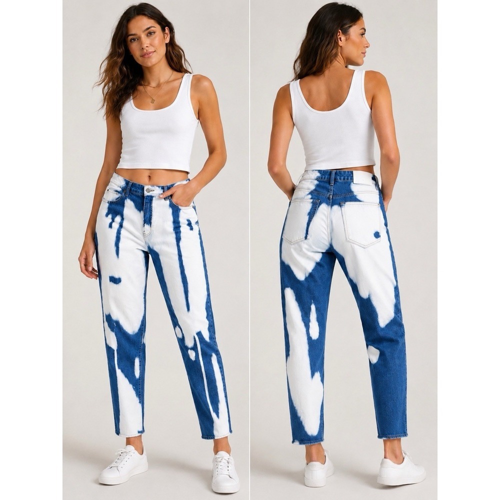 Frayed Jeans Tapered Boyfriend Jeans Women's Size 32 Blue White Bleach Wash